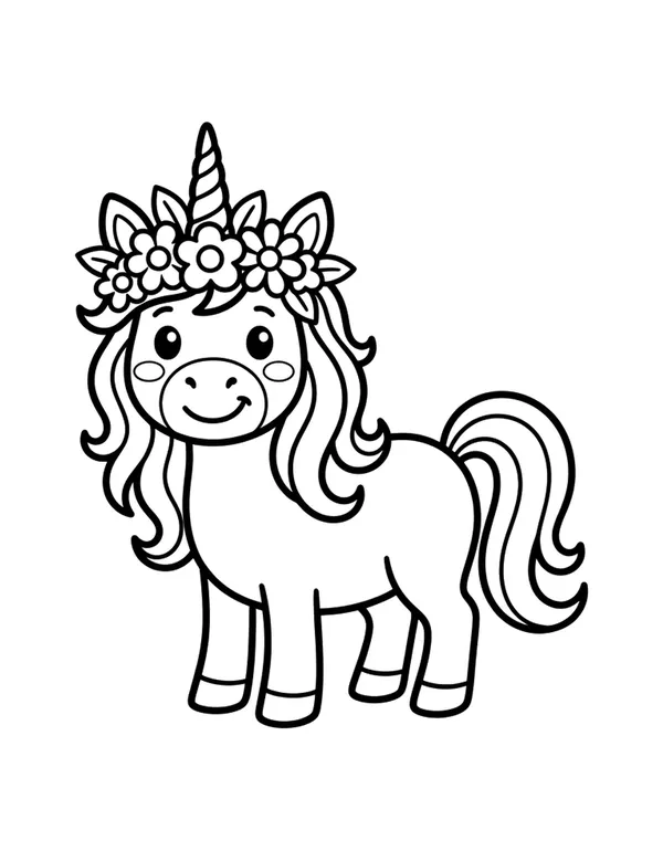 Flower Crown Unicorn coloring page — free printable