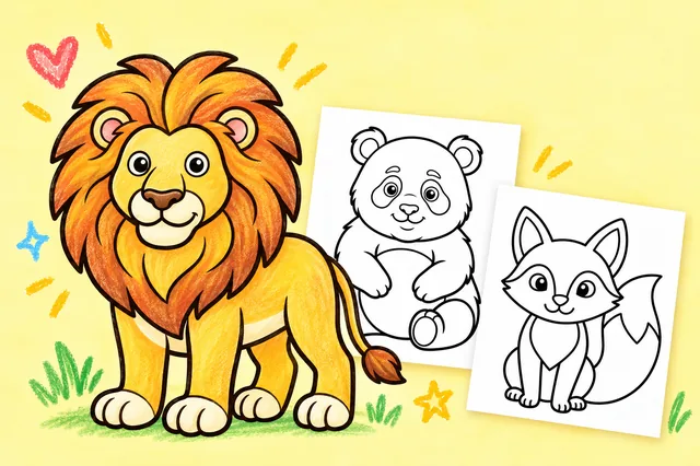 Animal coloring pages — a colored-in example and the printable sheets