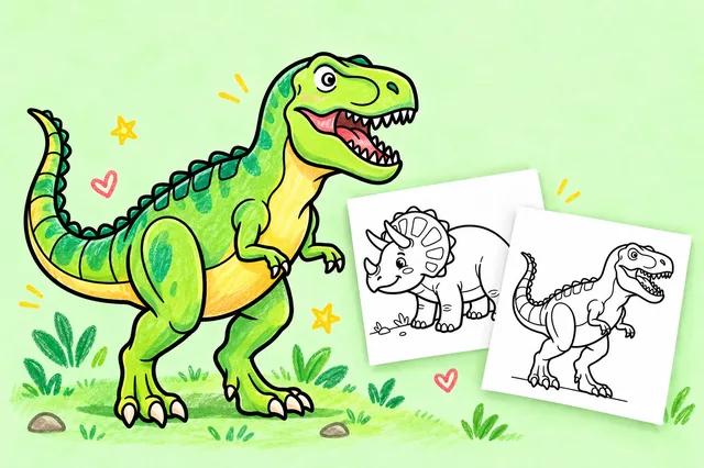 Dinosaur coloring pages — a colored-in example and the printable sheets