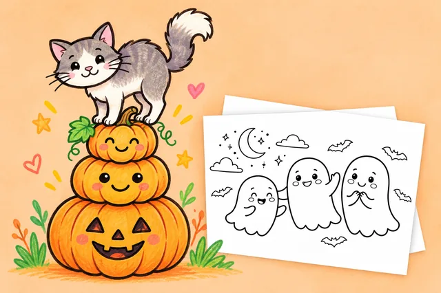 Halloween coloring pages — a colored-in example and the printable sheets