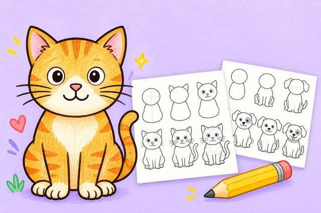 How to draw, step by step — a colored-in example and the printable sheets