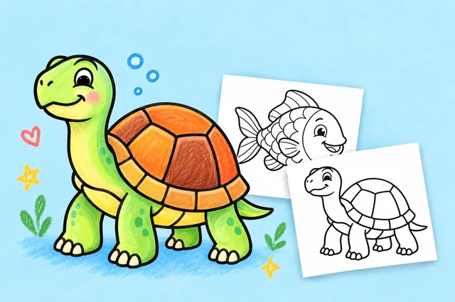 Ocean animal coloring — a colored-in example and the printable sheets