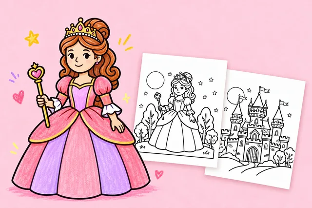 Princess & fairy tales — a colored-in example and the printable sheets