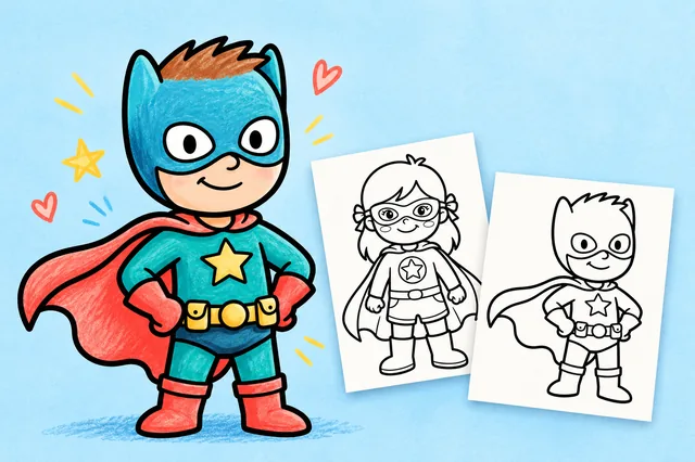 Superhero coloring pages — a colored-in example and the printable sheets