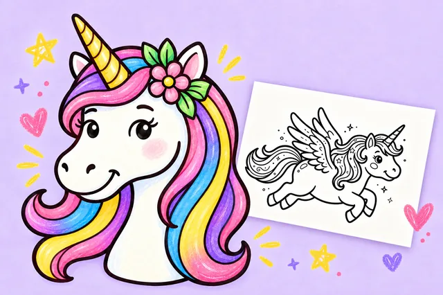 Unicorn coloring pages — a colored-in example and the printable sheets